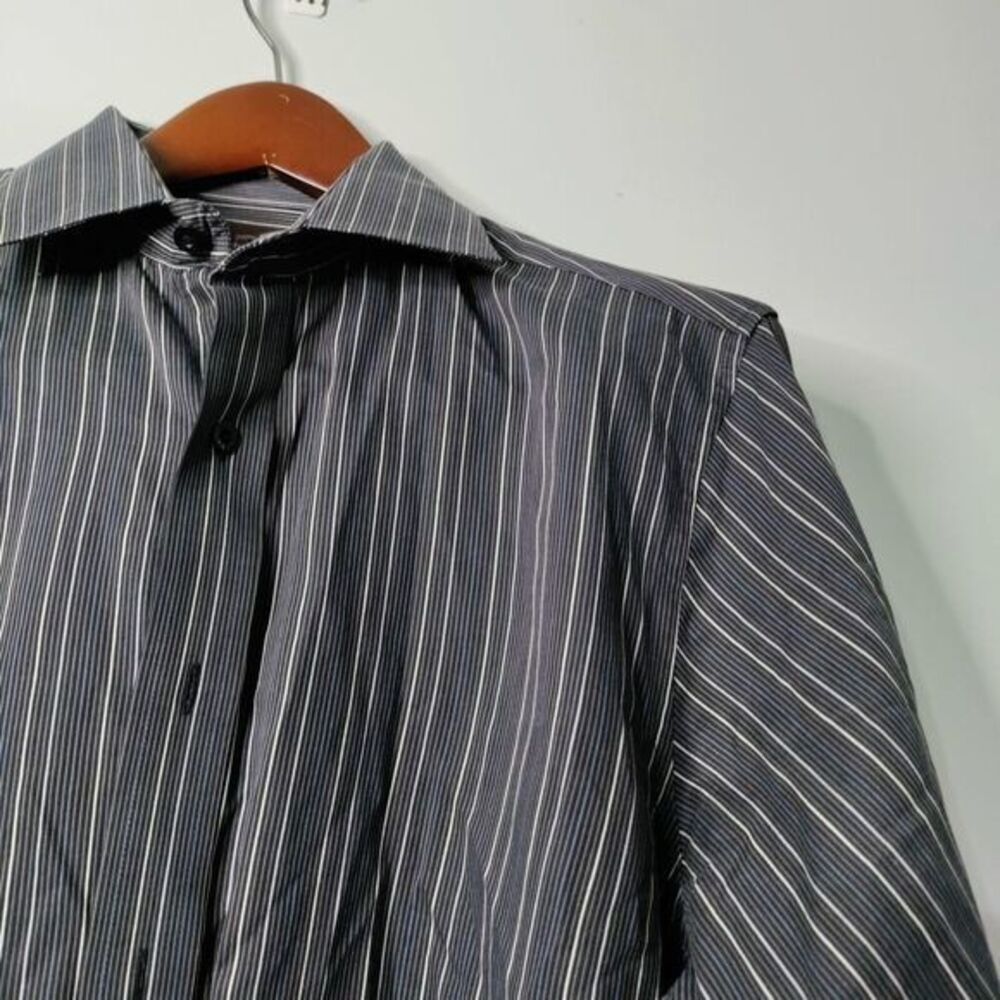 Black Brown 1826 Men M Black/Blue/White Stripe Long Sleeve Button Up Dress Shirt - Picture 4 of 8